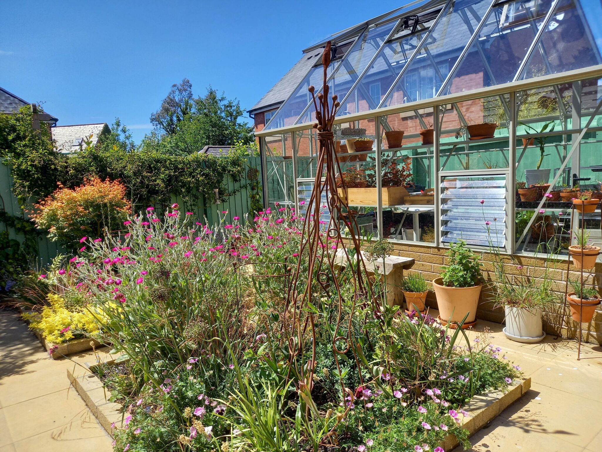 The garden under a clear blue sky, with ornamental borders, plants in pots and a glass greenhouse. Lots of flowers and colour.