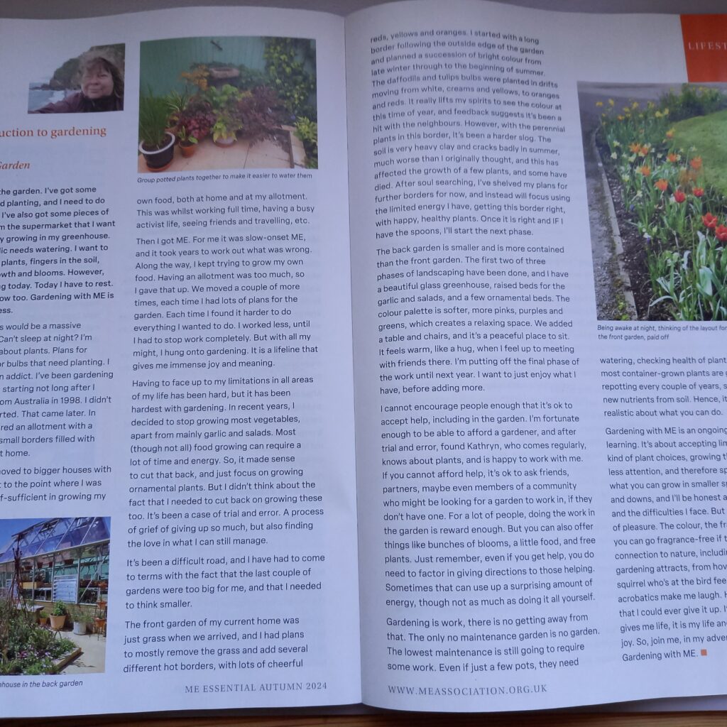 A photo of a two page article, introducing the reader to Gardening with ME. It includes a few photos, which will be shown in the blogpost with alt text.